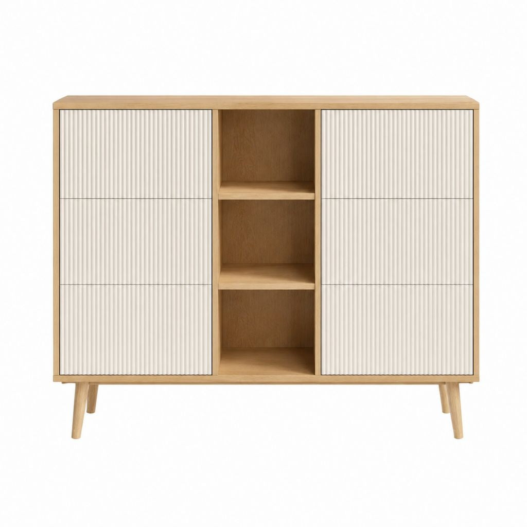 Sideboard mit 4 Türen und offenen Fächern Eichenfurnier Weiß Rechteckig 120 x 128 x 40 cm