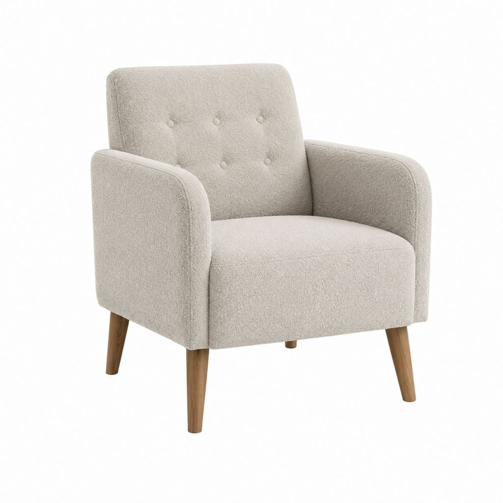 Sessel Creme mit Polyester-Bouclébezug und Holzbeinen 74 x 78 x 76 cm