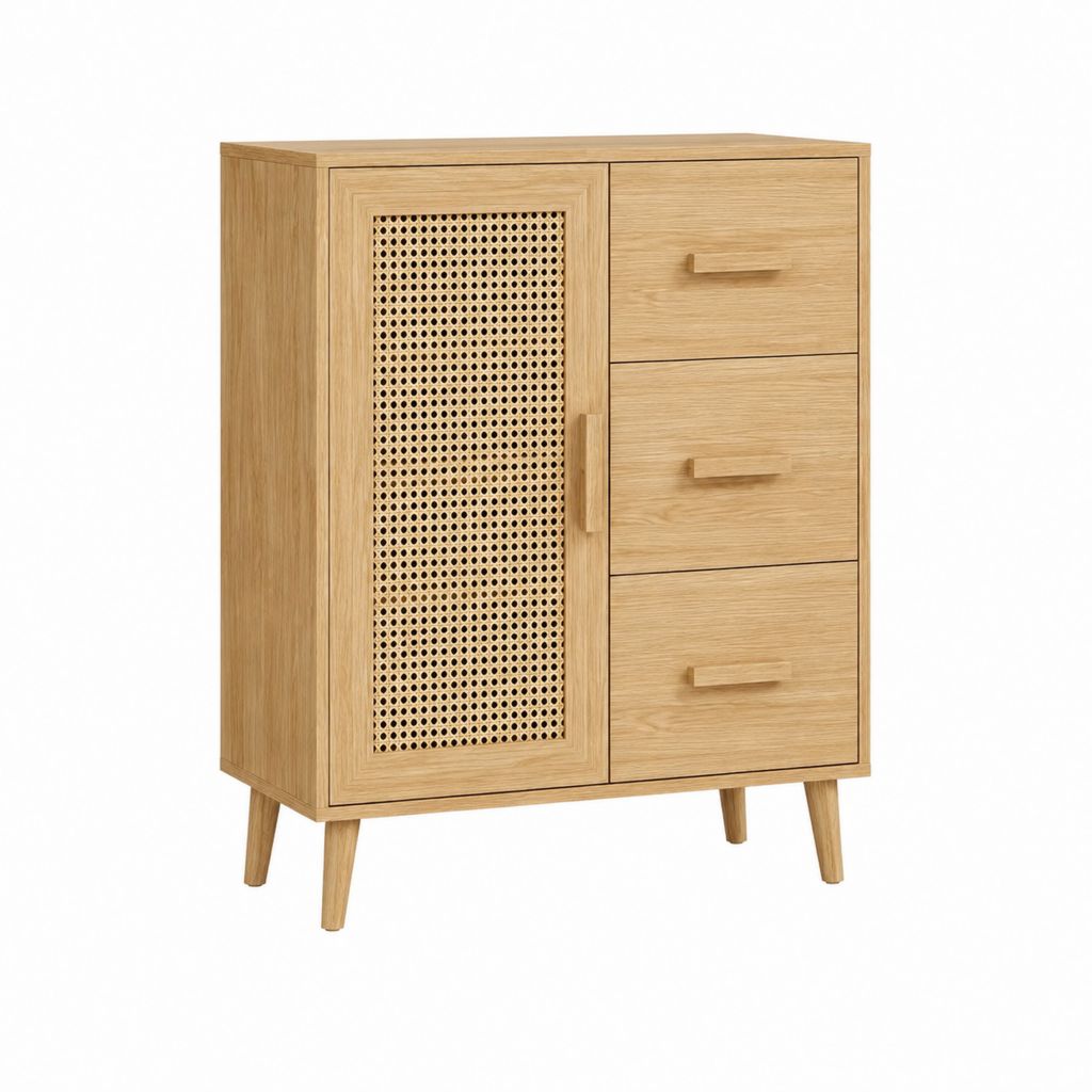 Highboard mit 3 Schubladen Rattantür Natur Eiche MDF rechteckig 80 x 40 x 120 cm