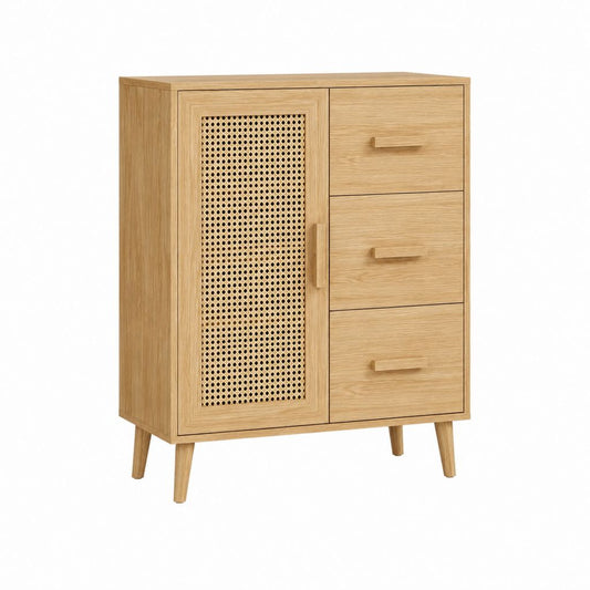 Highboard mit 3 Schubladen Rattantür Natur Eiche MDF rechteckig 80 x 40 x 120 cm