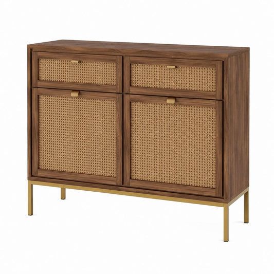 Sideboard mit 2 Türen und 2 Schubladen Walnussfurnier Rattan rechteckig 100 x 40 x 90 cm
