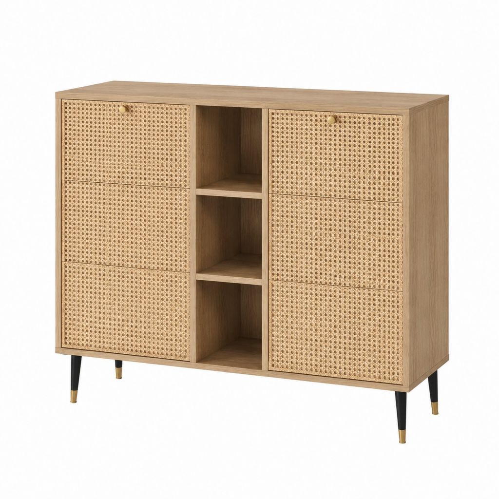 Sideboard aus MDF mit Eichenfurnier und Rattangeflecht 120 x 40 x 100 cm
