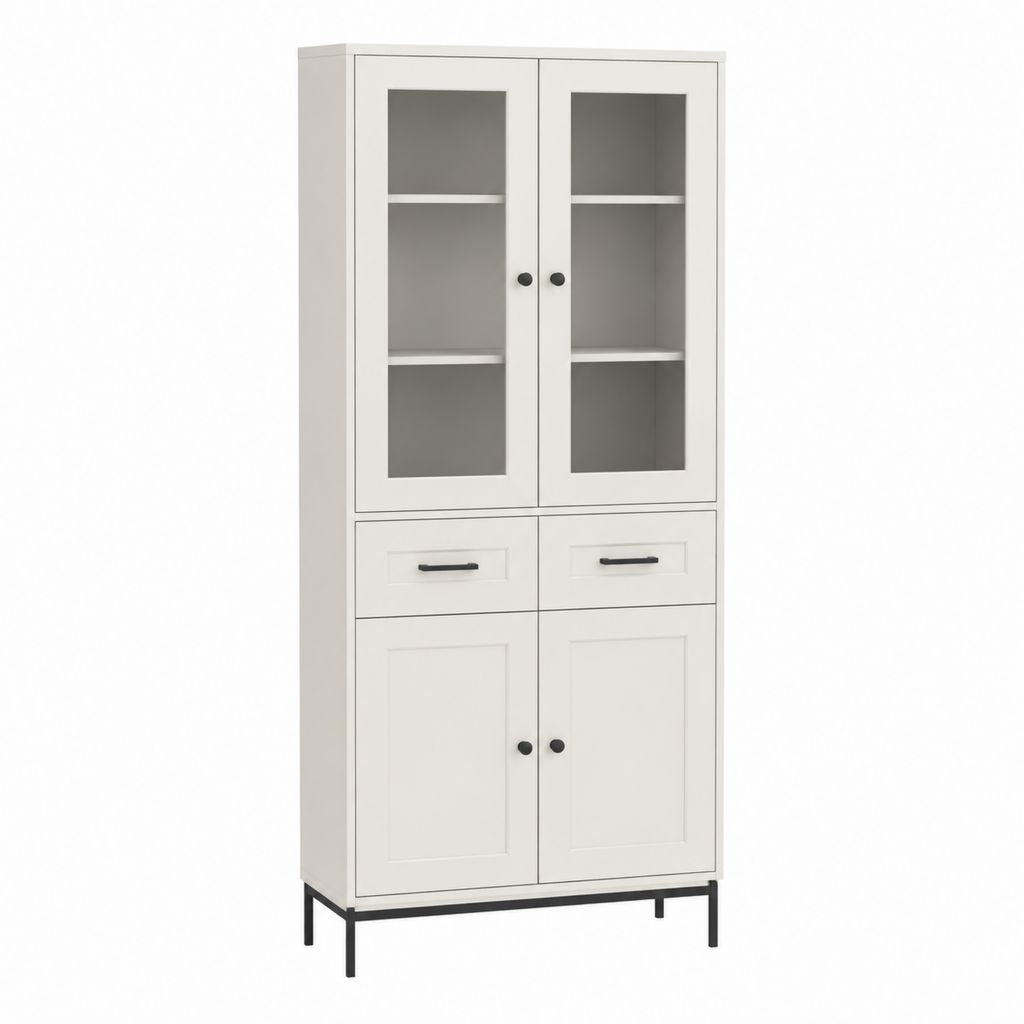 Highboard Vitrine mit 4 Türen 2 Schubladen Weiß MDF Glas rechteckig 80 x 40 x 180 cm