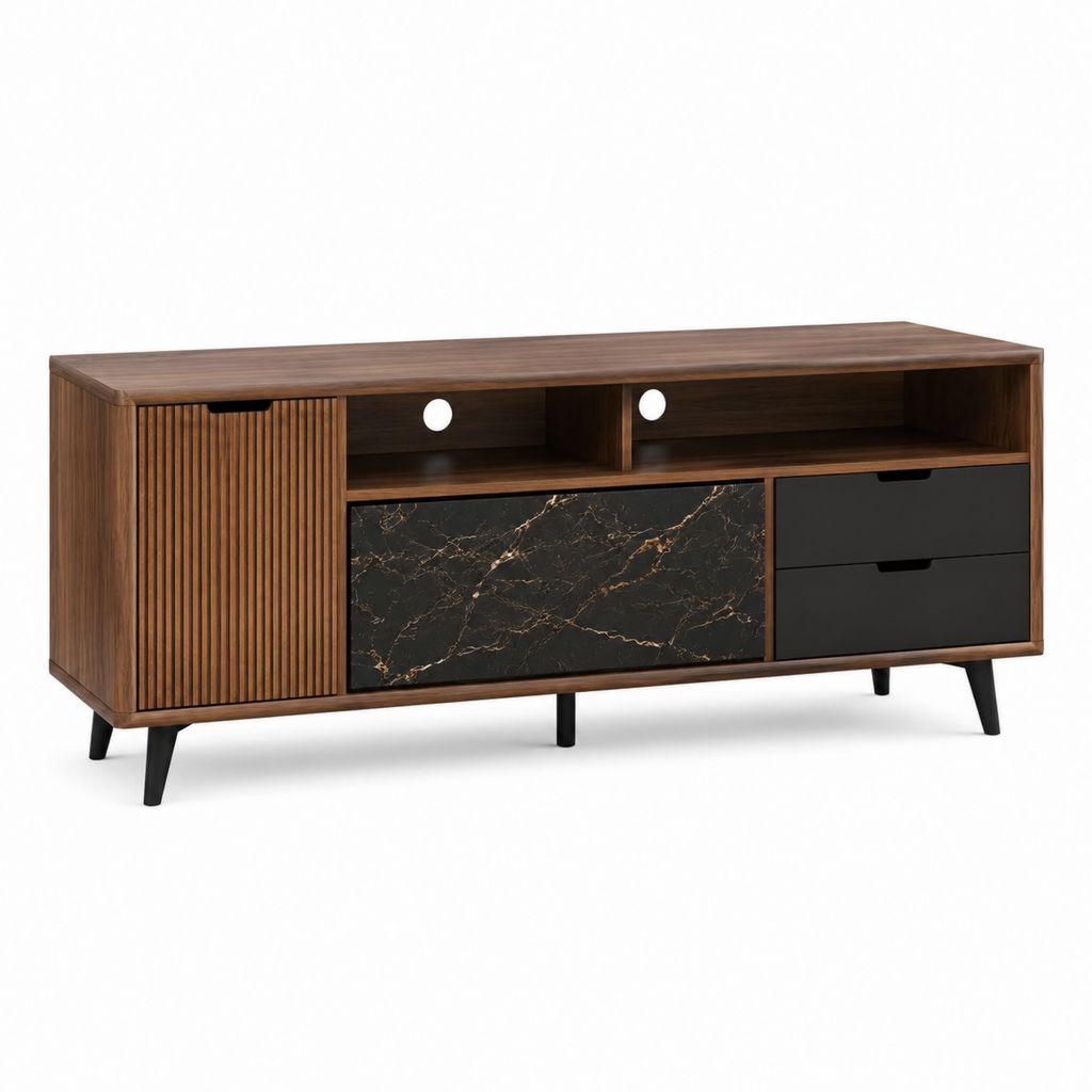 TV-Lowboard Nussbaumoptik Schwarz mit 2 Schubladen und Kabeldurchführungen 160 x 40 x 75 cm