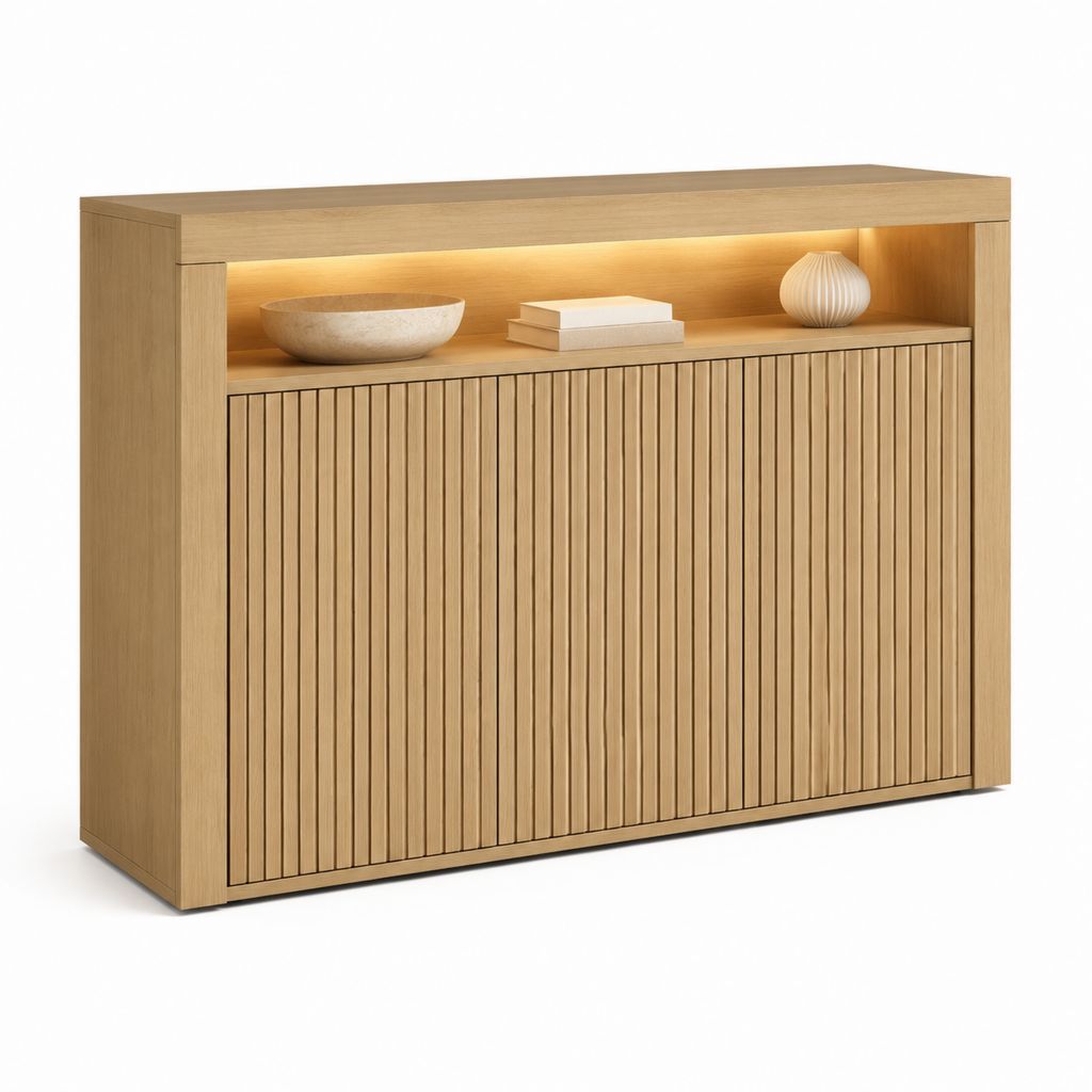 Sideboard Eiche hell mit Lamellentüren und LED-Beleuchtung 120 x 40 x 90 cm